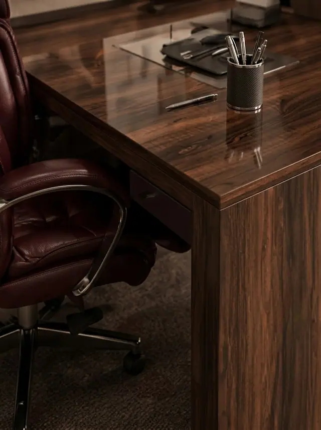 Executive office suite with matte plum cabinetry