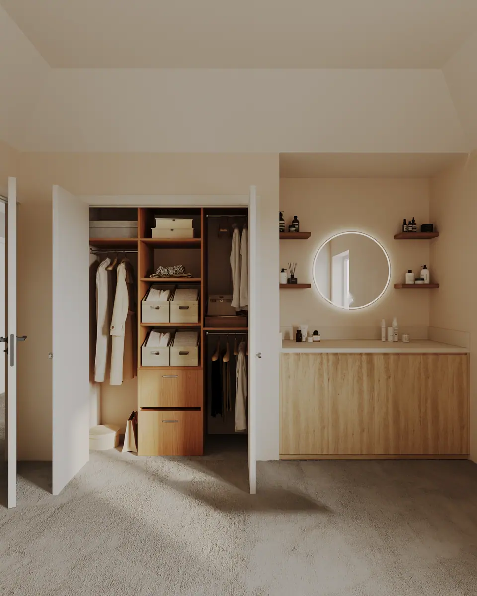Bedroom and vanity as one composed suite